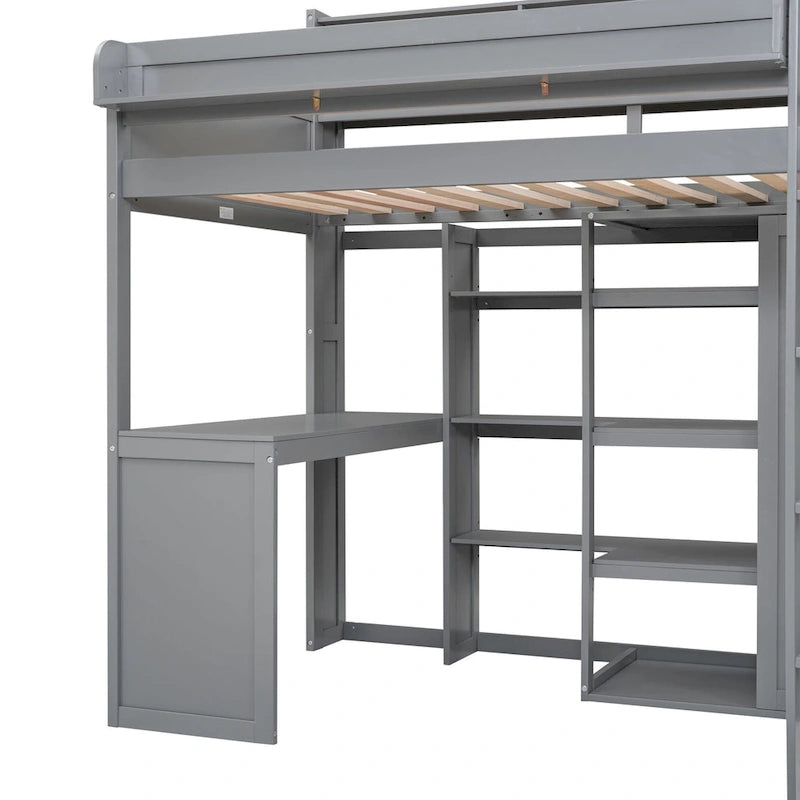 Wood Twin Size Loft bed with Multiple Storage Shelves and Wardrobe