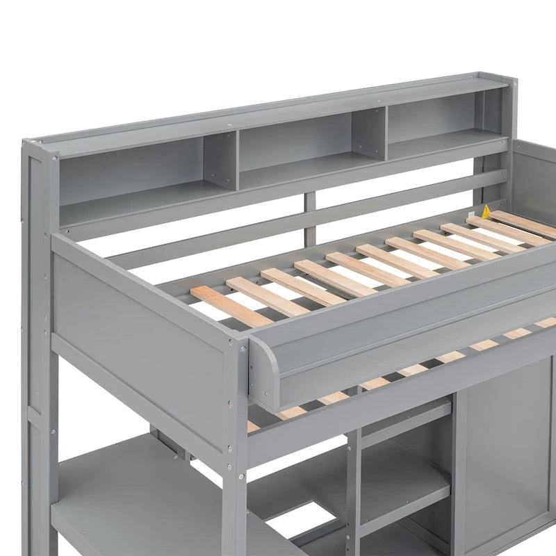 Wood Twin Size Loft bed with Multiple Storage Shelves and Wardrobe