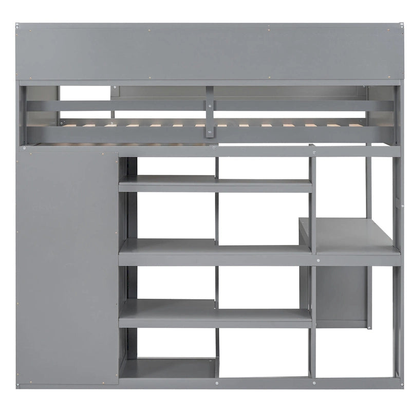 Wood Twin Size Loft bed with Multiple Storage Shelves and Wardrobe