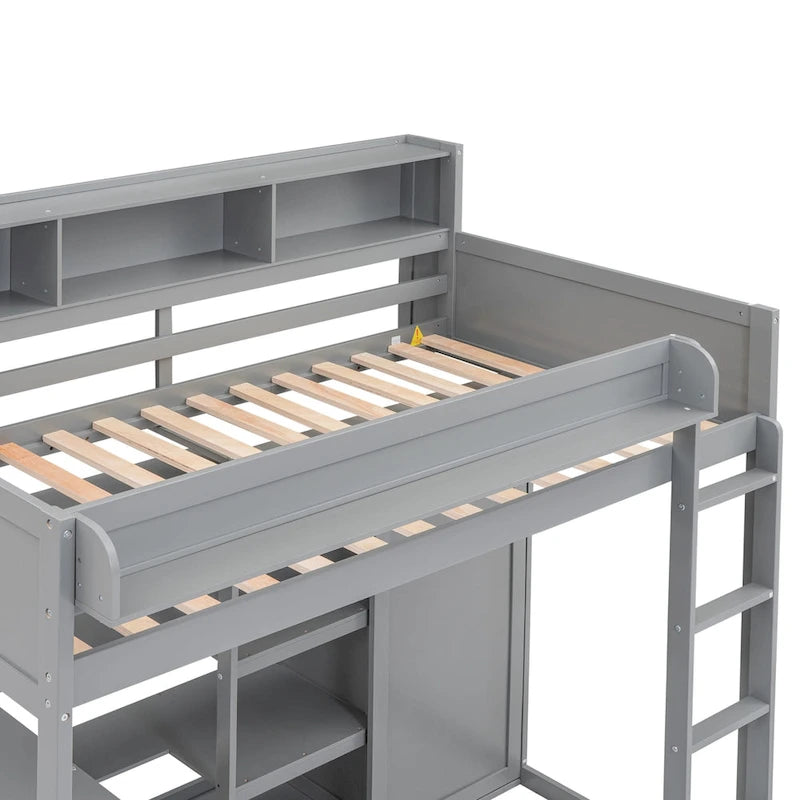 Wood Twin Size Loft bed with Multiple Storage Shelves and Wardrobe