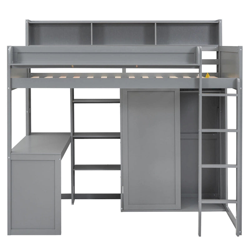 Wood Twin Size Loft bed with Multiple Storage Shelves and Wardrobe
