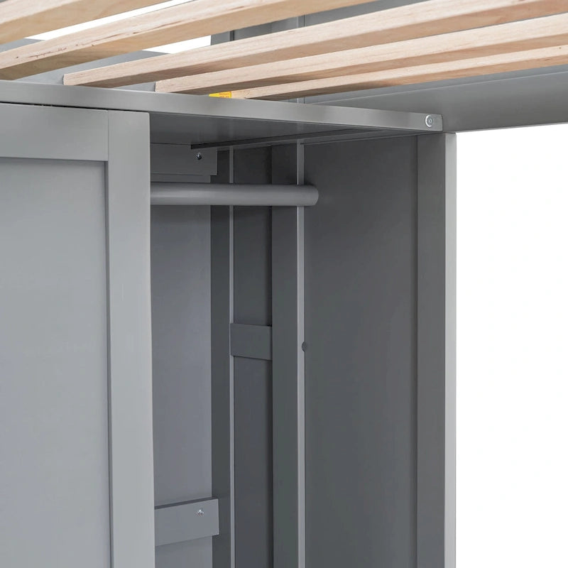 Wood Twin Size Loft bed with Multiple Storage Shelves and Wardrobe
