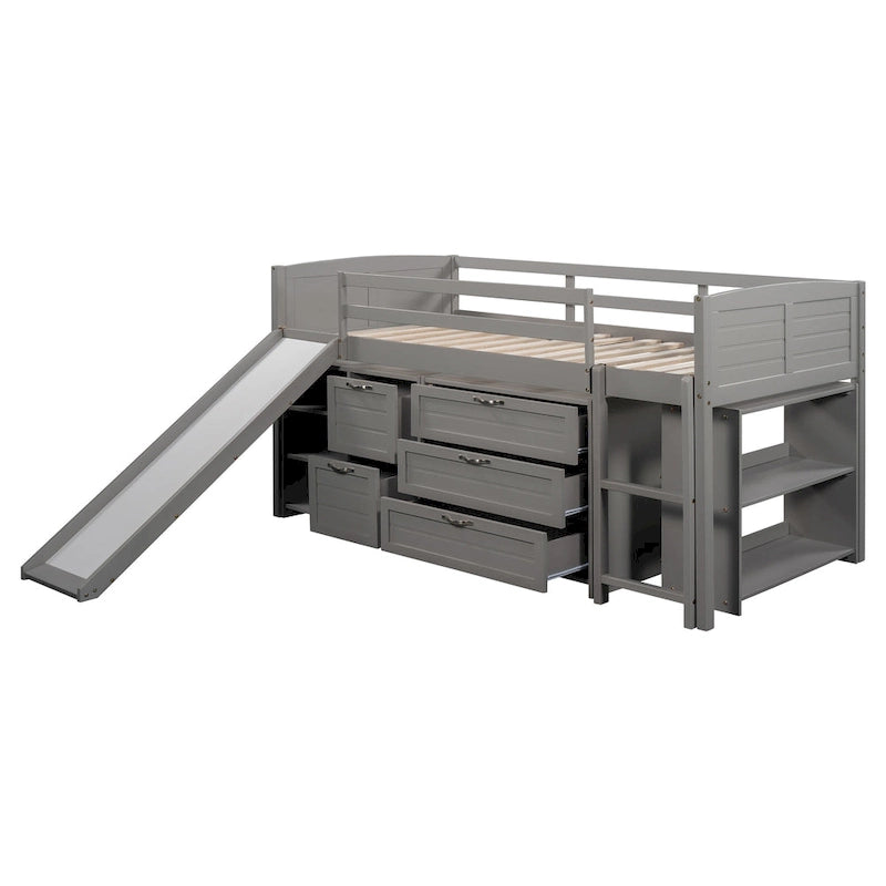 Low Twin Size Loft Bed with Cabinets, Shelves and Slide