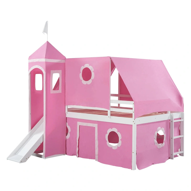 Full Size Loft Bed with Slide Pink Tent and Tower