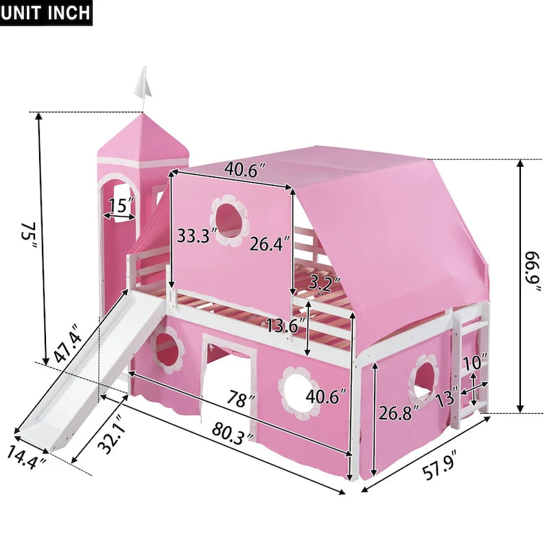 Full Size Loft Bed with Slide Pink Tent and Tower