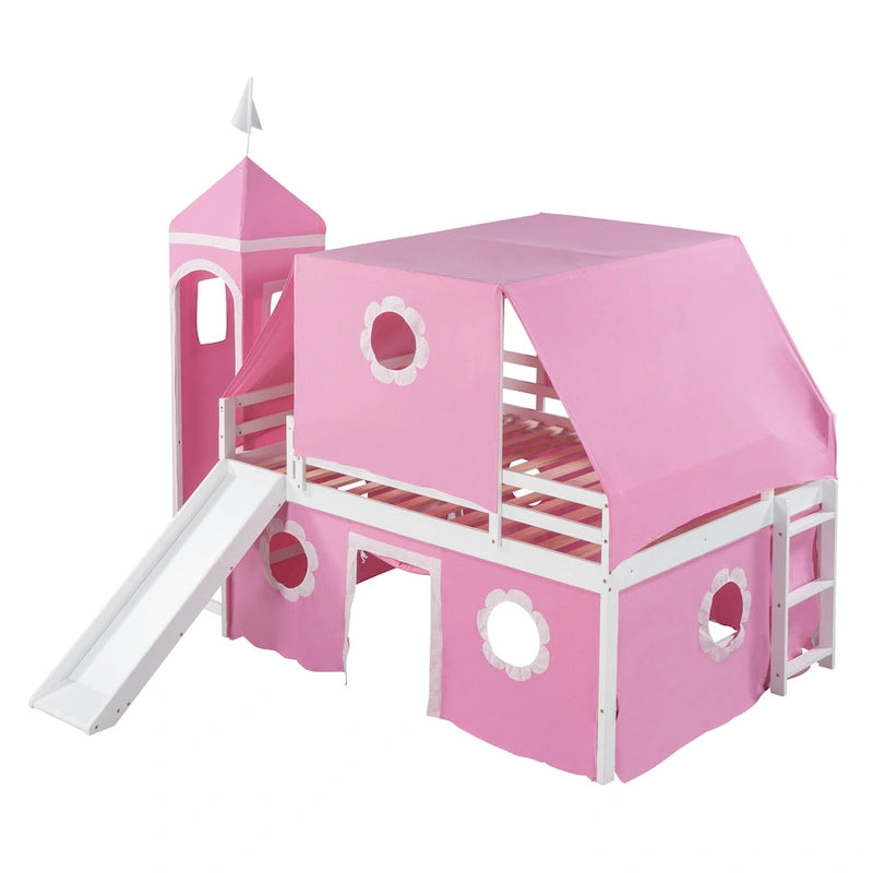 Full Size Loft Bed with Slide Pink Tent and Tower