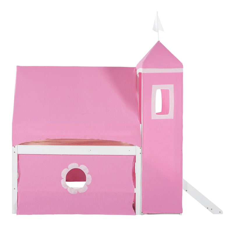 Full Size Loft Bed with Slide Pink Tent and Tower