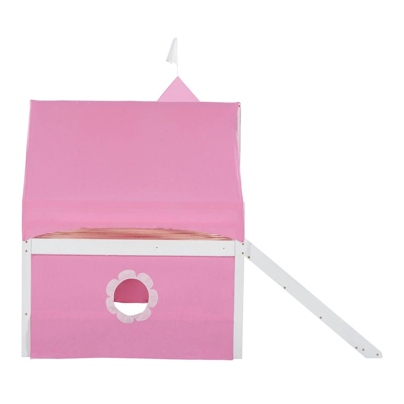 Full Size Loft Bed with Slide Pink Tent and Tower