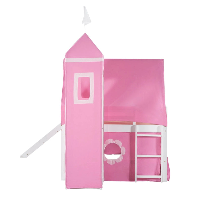 Full Size Loft Bed with Slide Pink Tent and Tower