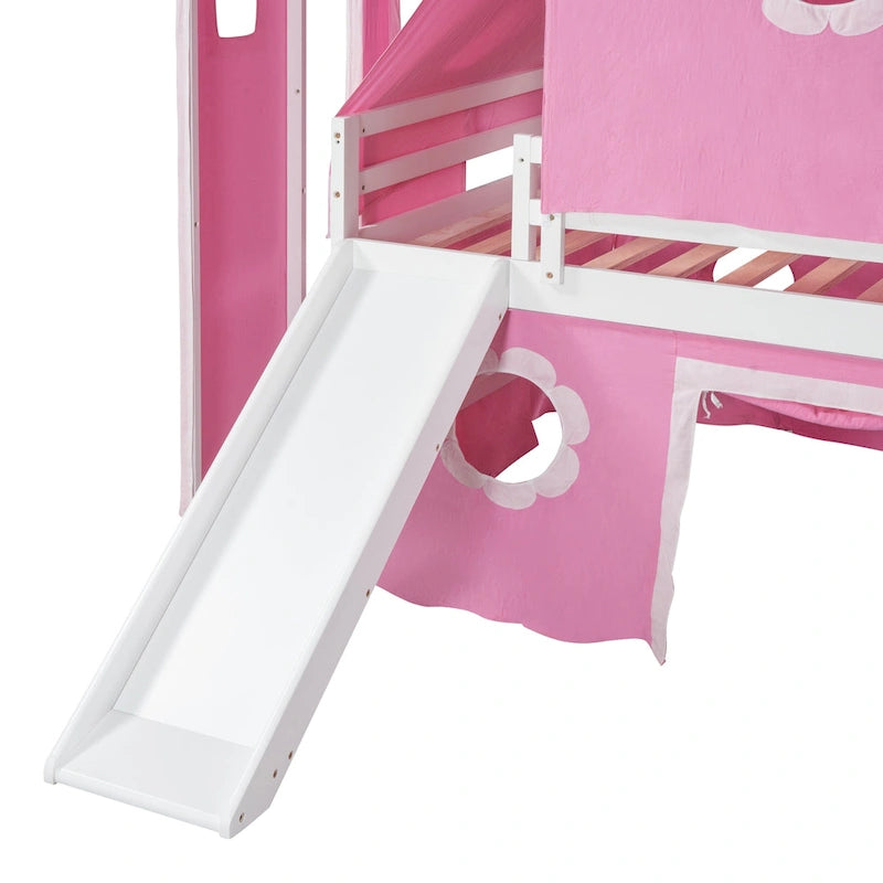 Full Size Loft Bed with Slide Pink Tent and Tower
