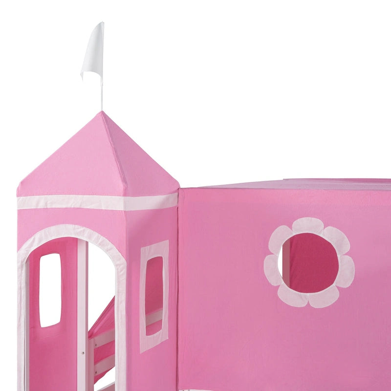 Full Size Loft Bed with Slide Pink Tent and Tower