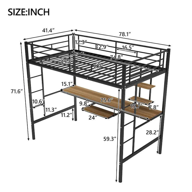 Twin Size Loft Bed with Wood Desk and Shelf
