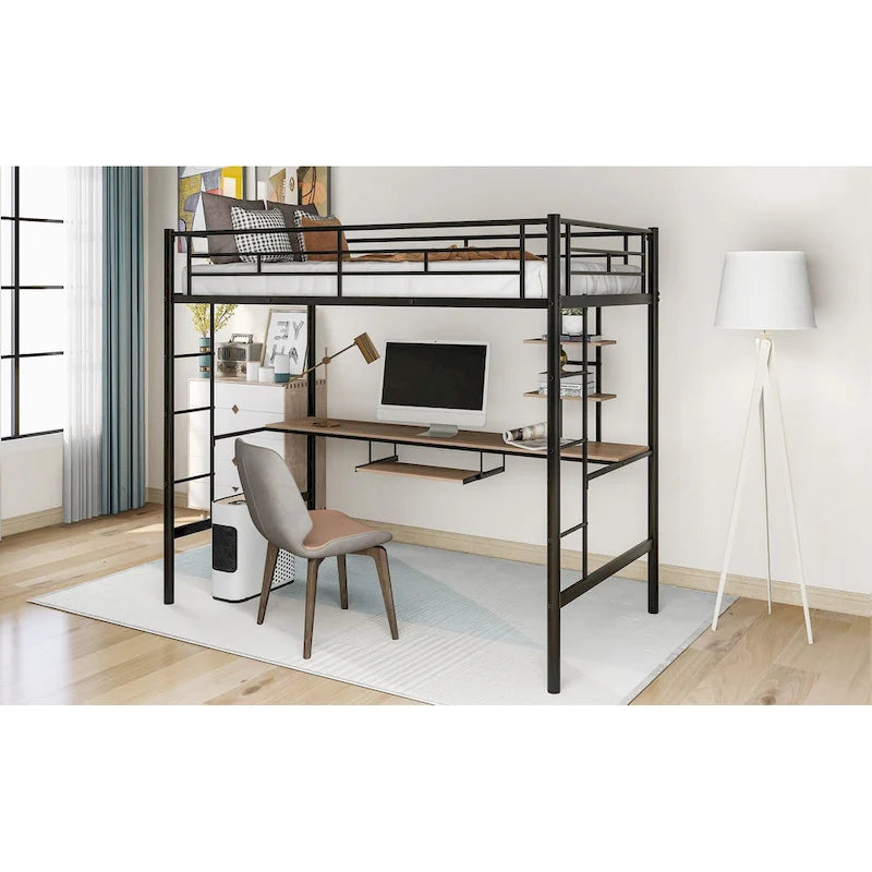 Twin Size Loft Bed with Wood Desk and Shelf