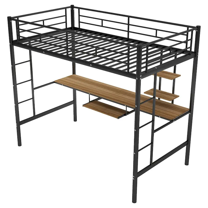 Twin Size Loft Bed with Wood Desk and Shelf