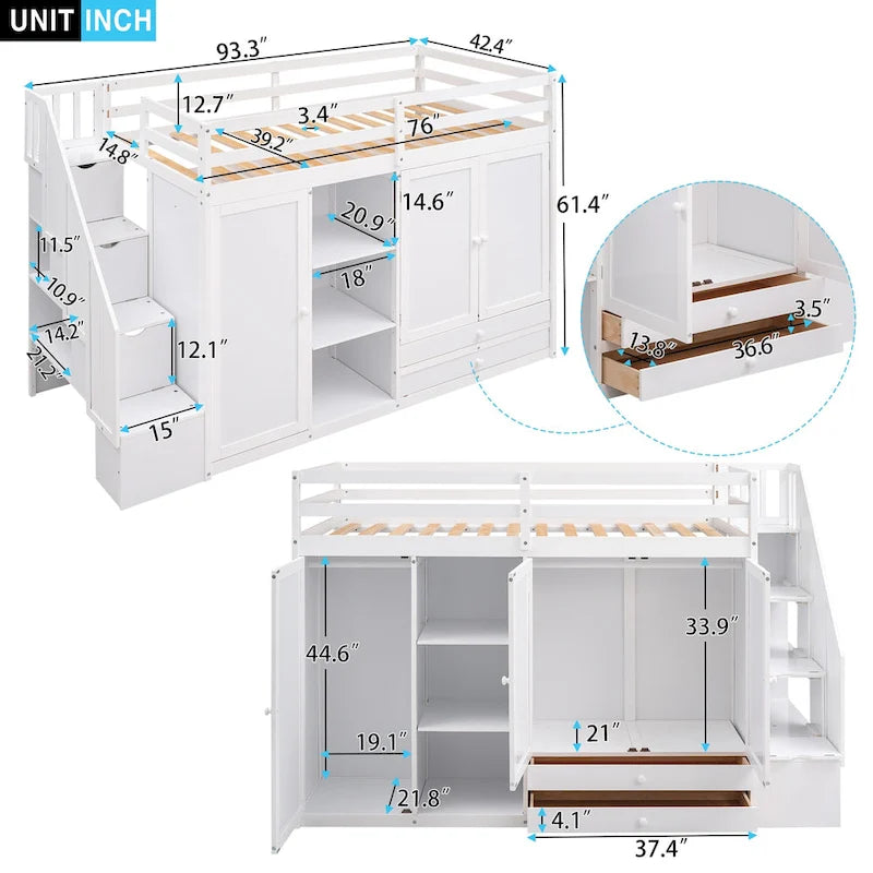 Functional Loft Bed w/3 Shelves,2 Wardrobes,2 Drawers,Storage Ladder