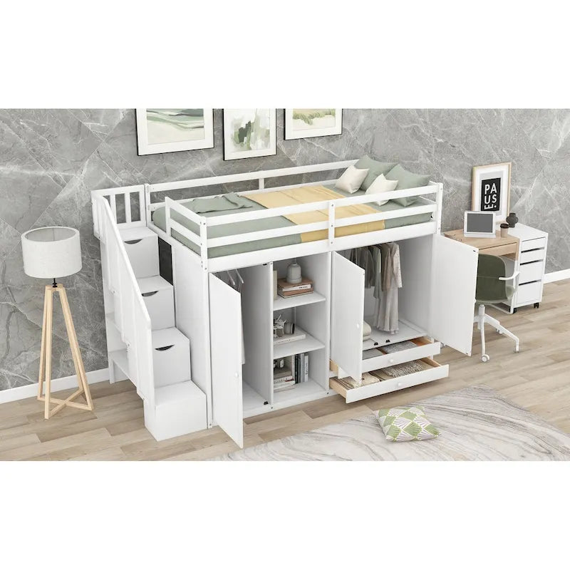 Functional Loft Bed w/3 Shelves,2 Wardrobes,2 Drawers,Storage Ladder