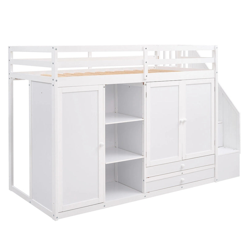 Functional Loft Bed w/3 Shelves,2 Wardrobes,2 Drawers,Storage Ladder