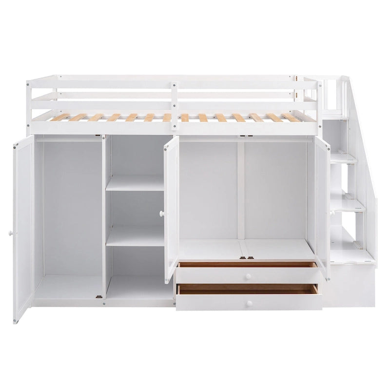 Functional Loft Bed w/3 Shelves,2 Wardrobes,2 Drawers,Storage Ladder