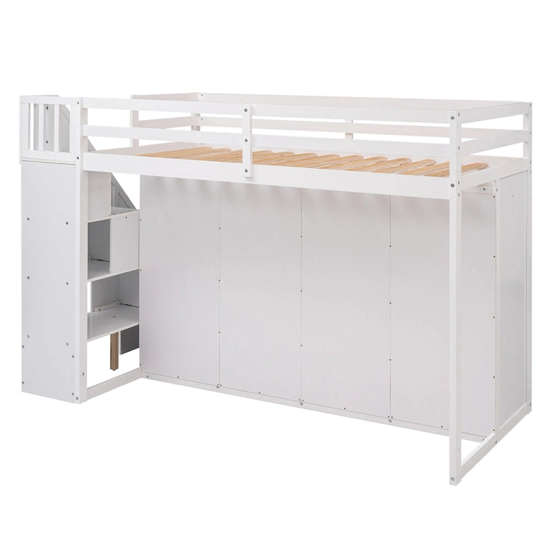 Functional Loft Bed w/3 Shelves,2 Wardrobes,2 Drawers,Storage Ladder