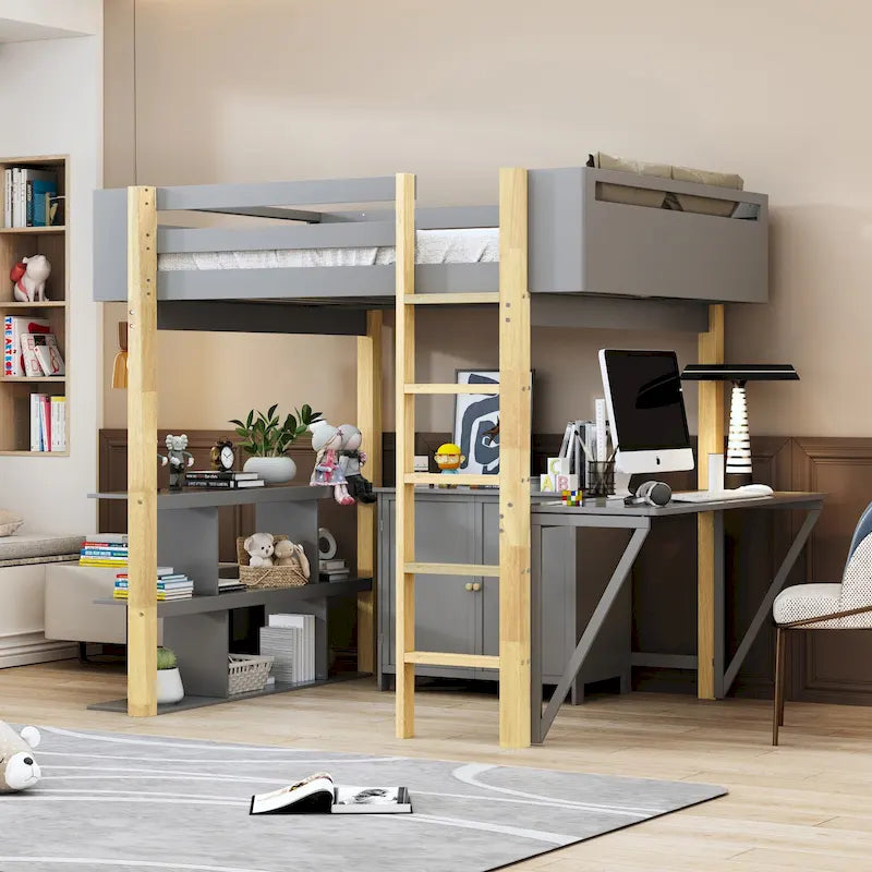 Twin Size Wood Loft Bed With Built-in Storage Cabinet and Cubes, Foldable desk, White
