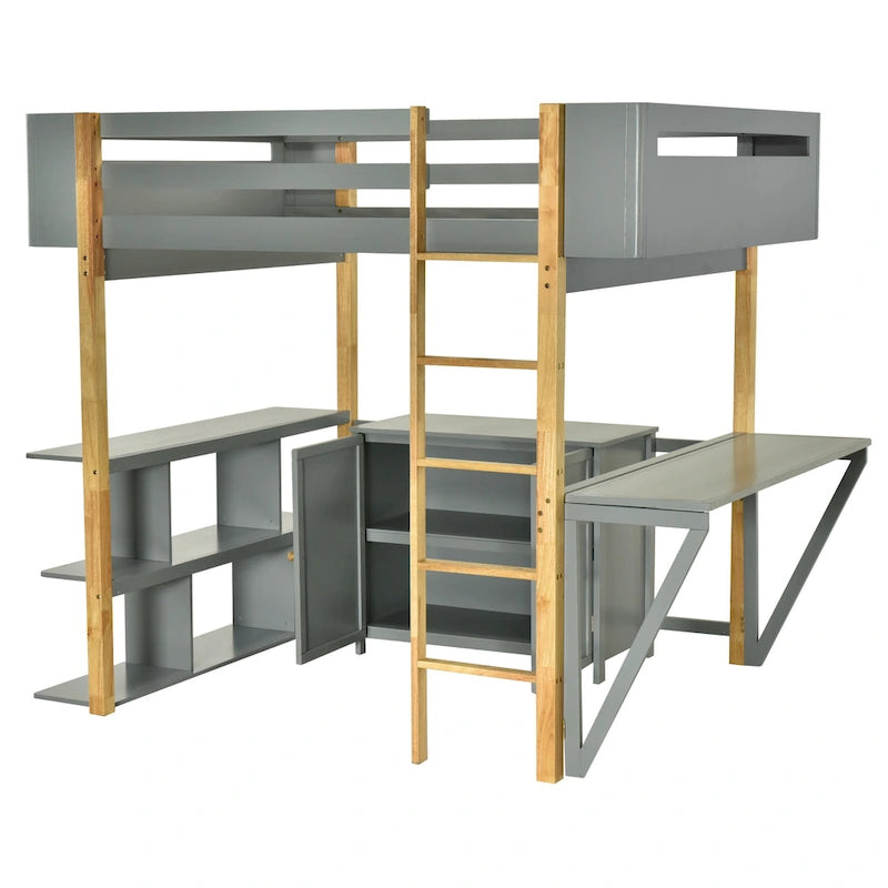 Twin Size Wood Loft Bed With Built-in Storage Cabinet and Cubes, Foldable desk, White