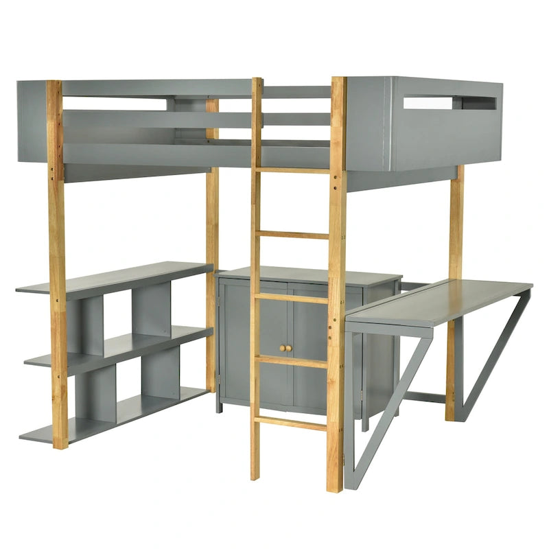 Twin Size Wood Loft Bed With Built-in Storage Cabinet and Cubes, Foldable desk, White