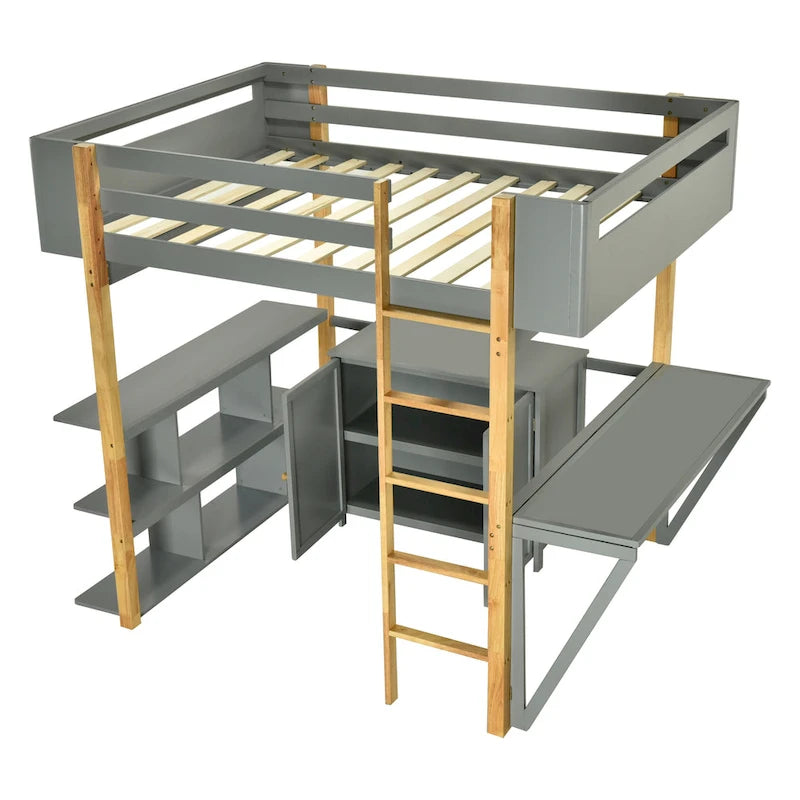 Twin Size Wood Loft Bed With Built-in Storage Cabinet and Cubes, Foldable desk, White