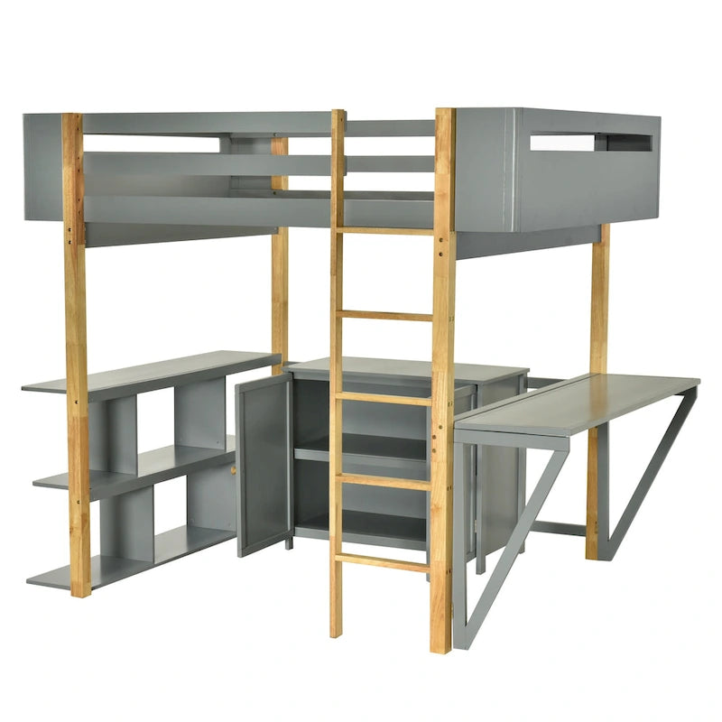 Twin Size Wood Loft Bed With Built-in Storage Cabinet and Cubes, Foldable desk, White
