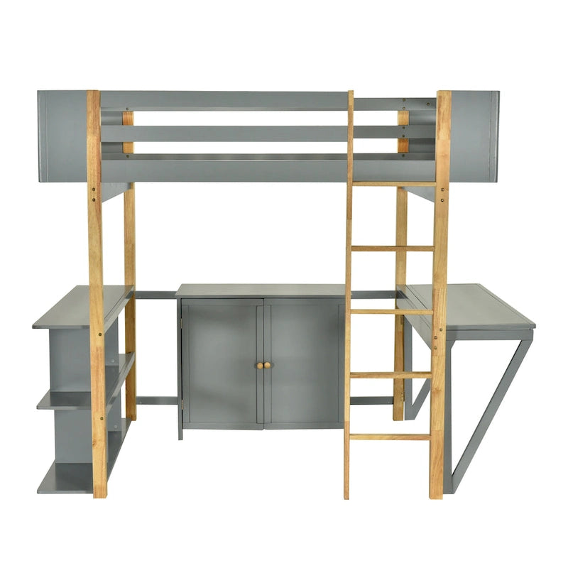 Twin Size Wood Loft Bed With Built-in Storage Cabinet and Cubes, Foldable desk, White