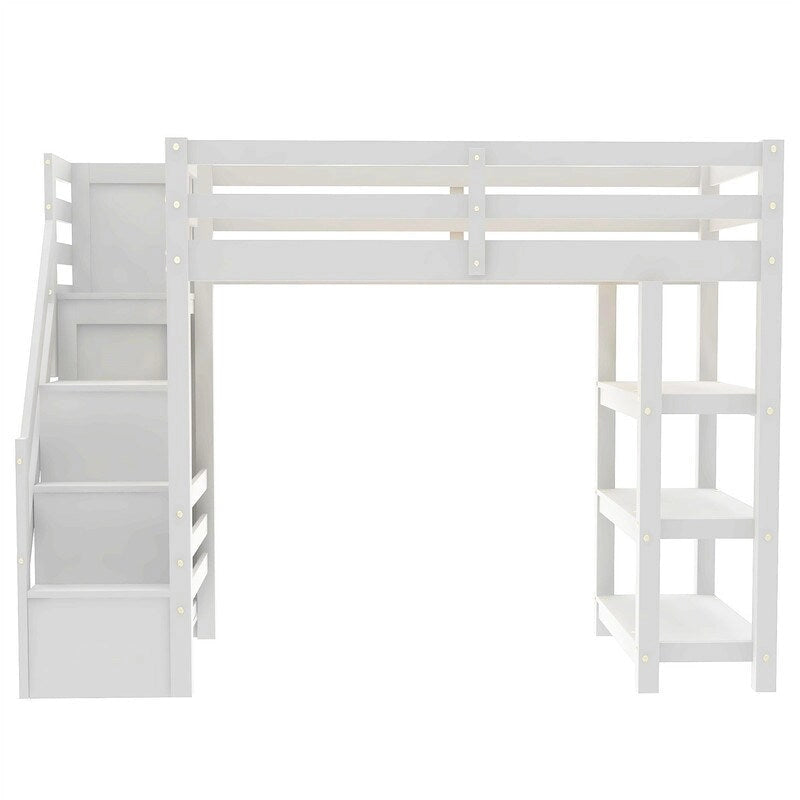 Twin/Full Size Loft Bed with Small Wardrobe, LED Light and Storage Staircase, Wooden Loft Bedframe with Storage Shelves for Kids