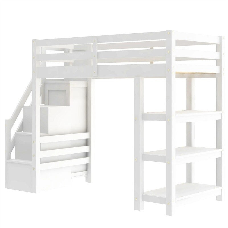 Twin/Full Size Loft Bed with Small Wardrobe, LED Light and Storage Staircase, Wooden Loft Bedframe with Storage Shelves for Kids