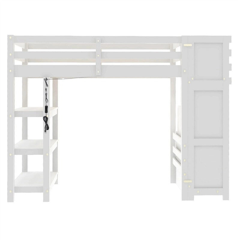 Twin/Full Size Loft Bed with Small Wardrobe, LED Light and Storage Staircase, Wooden Loft Bedframe with Storage Shelves for Kids