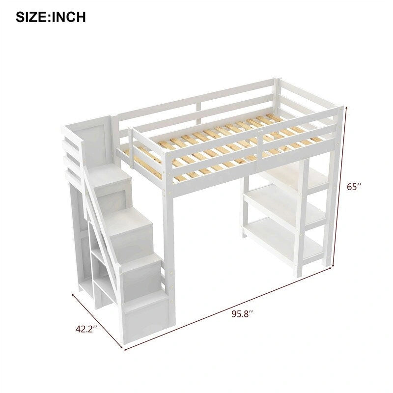 Twin/Full Size Loft Bed with Small Wardrobe, LED Light and Storage Staircase, Wooden Loft Bedframe with Storage Shelves for Kids