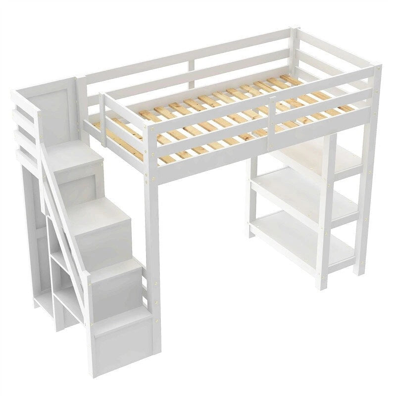 Twin/Full Size Loft Bed with Small Wardrobe, LED Light and Storage Staircase, Wooden Loft Bedframe with Storage Shelves for Kids