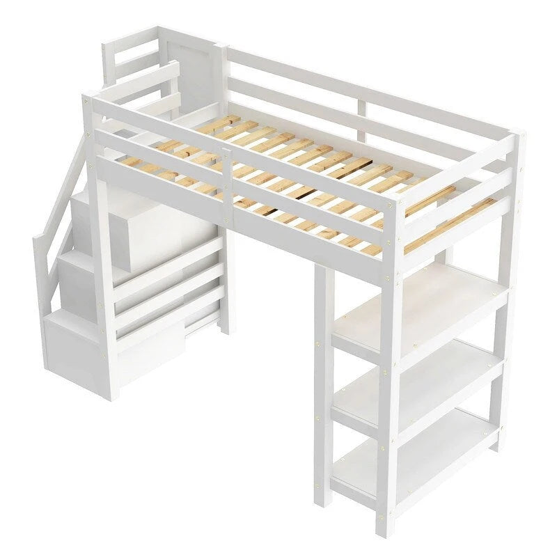 Twin/Full Size Loft Bed with Small Wardrobe, LED Light and Storage Staircase, Wooden Loft Bedframe with Storage Shelves for Kids
