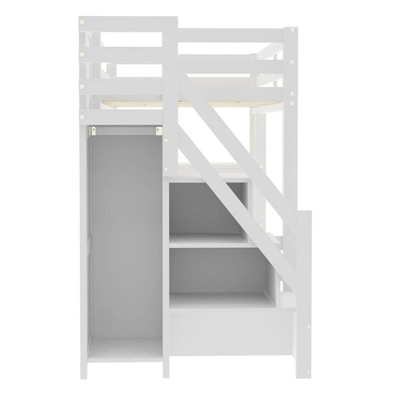 Twin/Full Size Loft Bed with Small Wardrobe, LED Light and Storage Staircase, Wooden Loft Bedframe with Storage Shelves for Kids