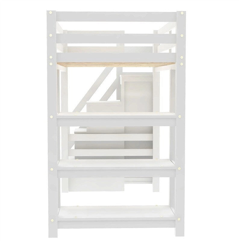 Twin/Full Size Loft Bed with Small Wardrobe, LED Light and Storage Staircase, Wooden Loft Bedframe with Storage Shelves for Kids