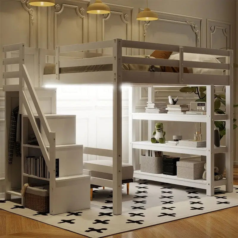Twin/Full Size Loft Bed with Small Wardrobe, LED Light and Storage Staircase, Wooden Loft Bedframe with Storage Shelves for Kids