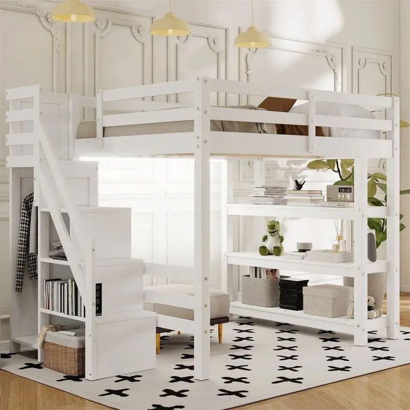 Twin/Full Size Loft Bed with Small Wardrobe, LED Light and Storage Staircase, Wooden Loft Bedframe with Storage Shelves for Kids