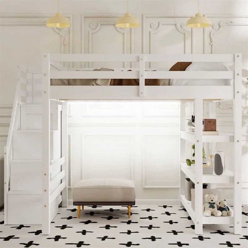 Twin/Full Size Loft Bed with Small Wardrobe, LED Light and Storage Staircase, Wooden Loft Bedframe with Storage Shelves for Kids