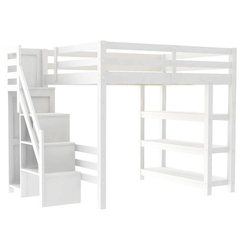 Twin/Full Size Loft Bed with Small Wardrobe, LED Light and Storage Staircase, Wooden Loft Bedframe with Storage Shelves for Kids