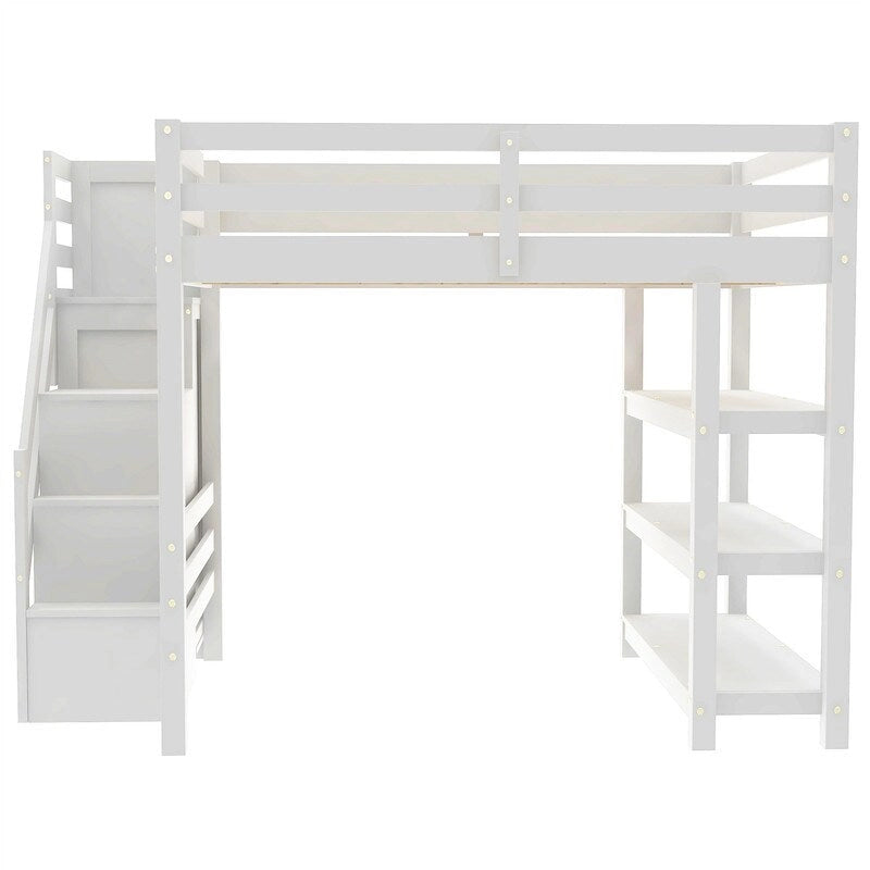Twin/Full Size Loft Bed with Small Wardrobe, LED Light and Storage Staircase, Wooden Loft Bedframe with Storage Shelves for Kids