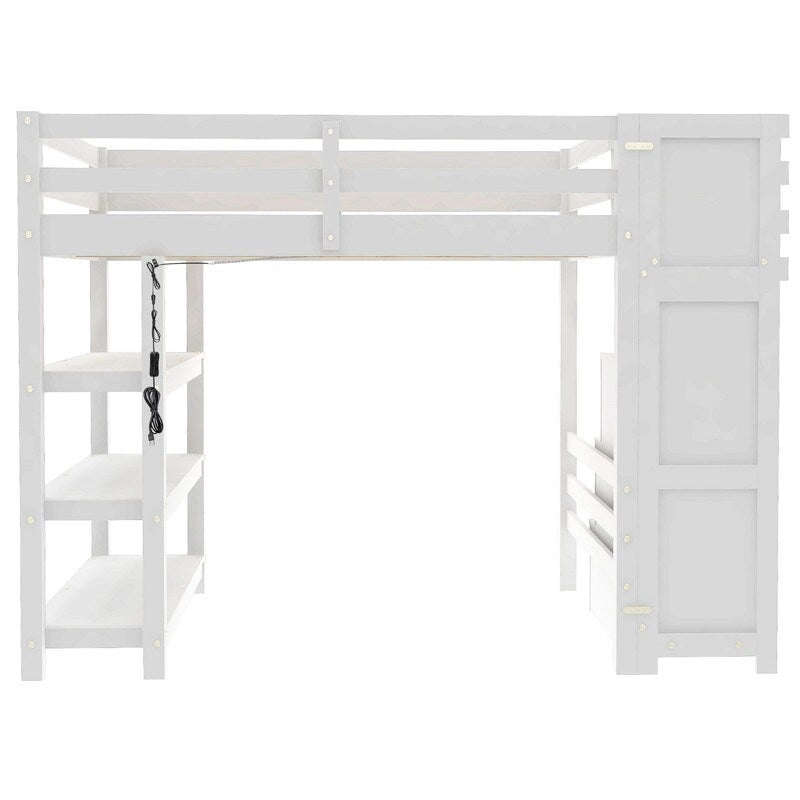 Twin/Full Size Loft Bed with Small Wardrobe, LED Light and Storage Staircase, Wooden Loft Bedframe with Storage Shelves for Kids