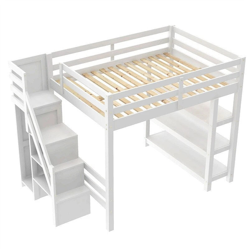 Twin/Full Size Loft Bed with Small Wardrobe, LED Light and Storage Staircase, Wooden Loft Bedframe with Storage Shelves for Kids
