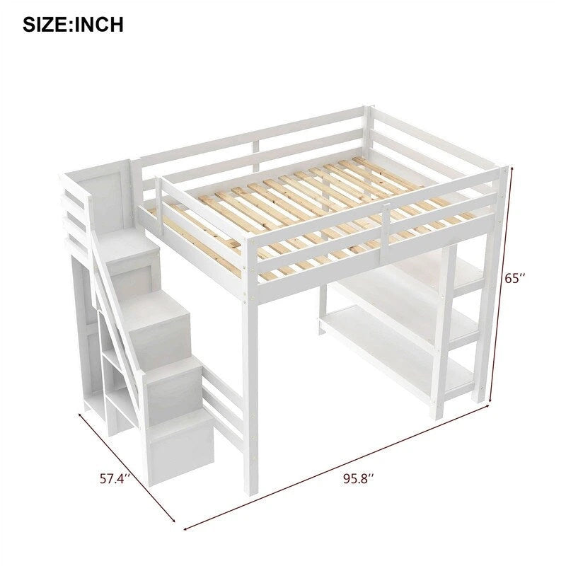 Twin/Full Size Loft Bed with Small Wardrobe, LED Light and Storage Staircase, Wooden Loft Bedframe with Storage Shelves for Kids