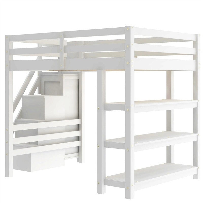 Twin/Full Size Loft Bed with Small Wardrobe, LED Light and Storage Staircase, Wooden Loft Bedframe with Storage Shelves for Kids