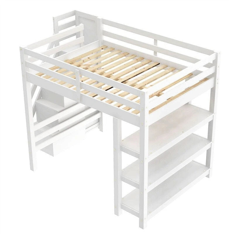 Twin/Full Size Loft Bed with Small Wardrobe, LED Light and Storage Staircase, Wooden Loft Bedframe with Storage Shelves for Kids