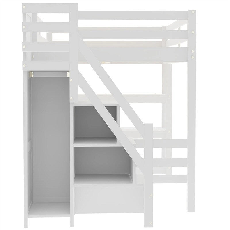 Twin/Full Size Loft Bed with Small Wardrobe, LED Light and Storage Staircase, Wooden Loft Bedframe with Storage Shelves for Kids