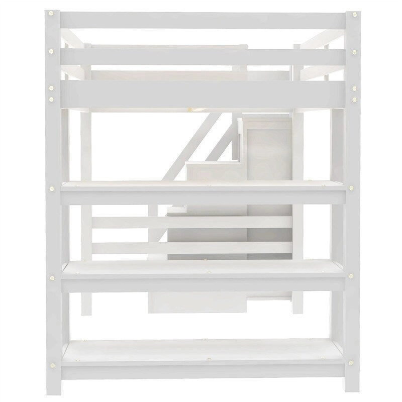 Twin/Full Size Loft Bed with Small Wardrobe, LED Light and Storage Staircase, Wooden Loft Bedframe with Storage Shelves for Kids