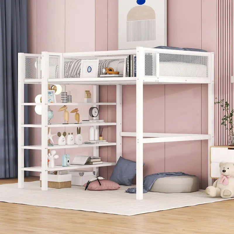 Twin Size Metal Loft Bed with 4-Tier Shelves and Storage, White